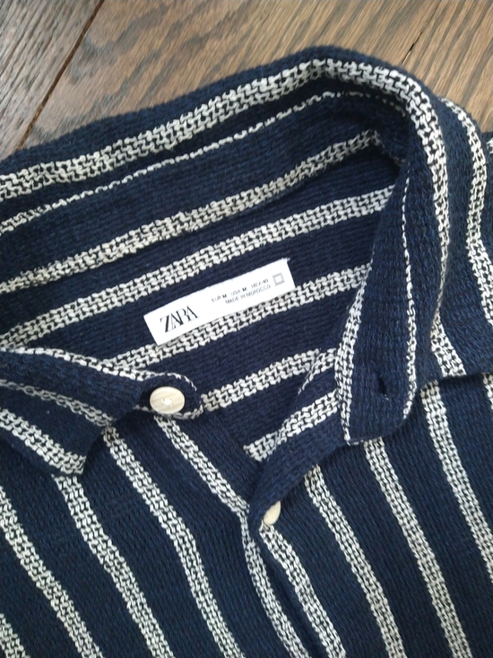 Zara Other - ZARA Navy & White Striped Knit Polo Shirt